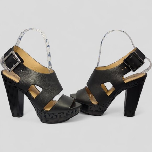 New MICHAEL KORS Carla Platform Sandal Heel Size 5.5 Black Leather Buckle NO Box - Picture 12 of 12